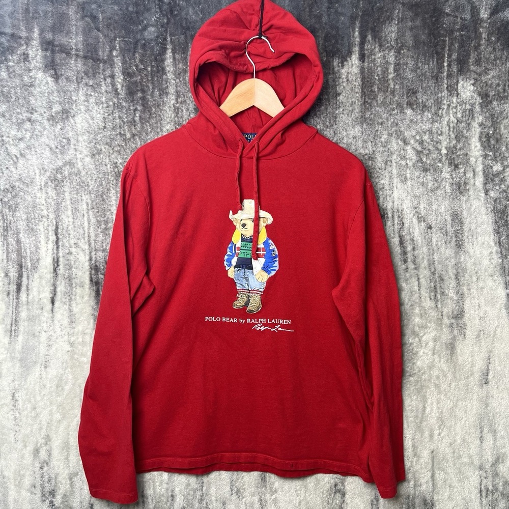 Polo Ralph Lauren Cowboy Bear Lightweight Hoodie Shirt Men Size Large Red